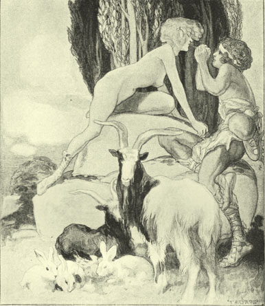 Black and white lithograph by the Marquis de Bayros, of nude woman seated on a rock and leaning over towards a youth holdng his hands clasped up towards her face.  there are goates and rabbits in the foreground and poplar like trees in the background.