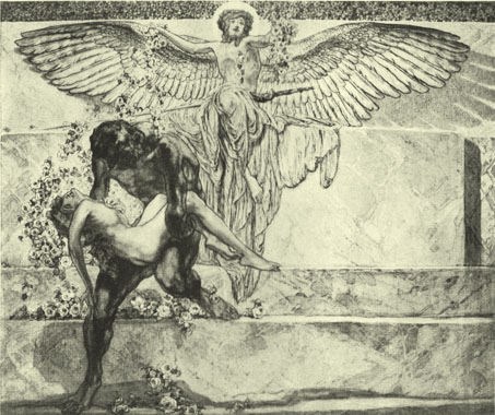 Black and white lithograph by the Marquis de Bayros, of a nude man carrying a nude girl, with a large angel behind them.