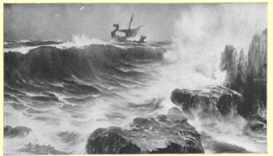 A black and white photograph of a painting, The Norsemen, by H. Hendrick, of a Viking shop with dragon prow, riding over the ocean waves, and land with trees and a rocky shore is seen in the foreground.