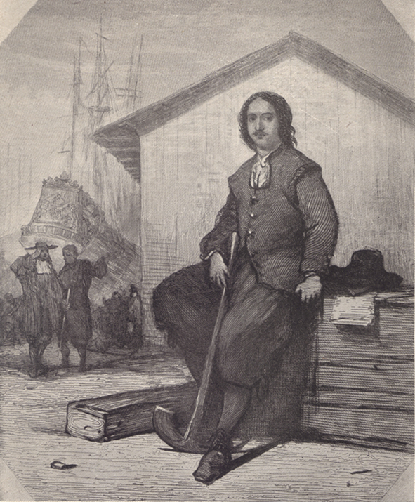 A black and white photograph of a painting, in Holland, of Peter the Great, sitting on a wooden box, with a ship in the background.