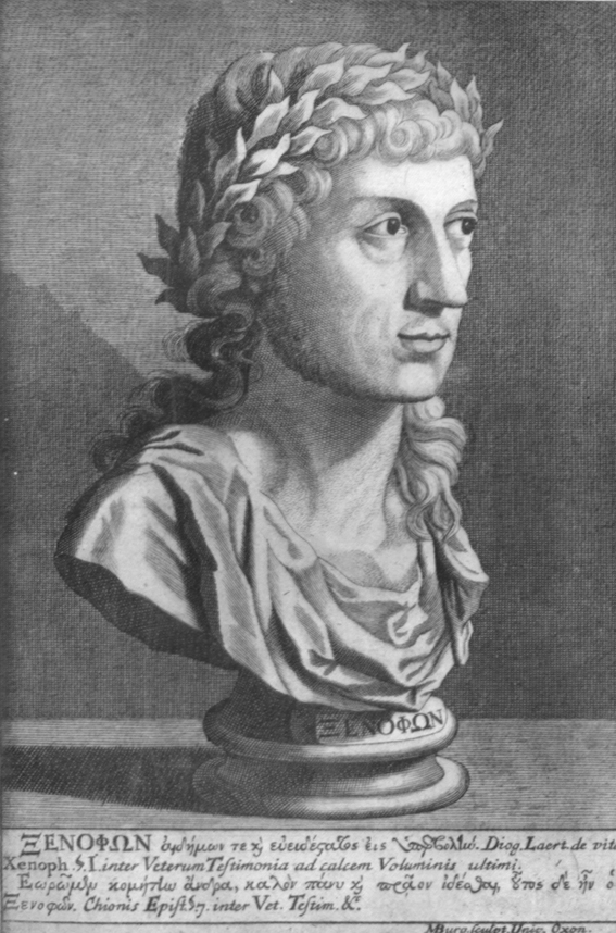 A black and white engraving of a renaissance bust of Xenophon, with a wreath of laurels and long curly hair.