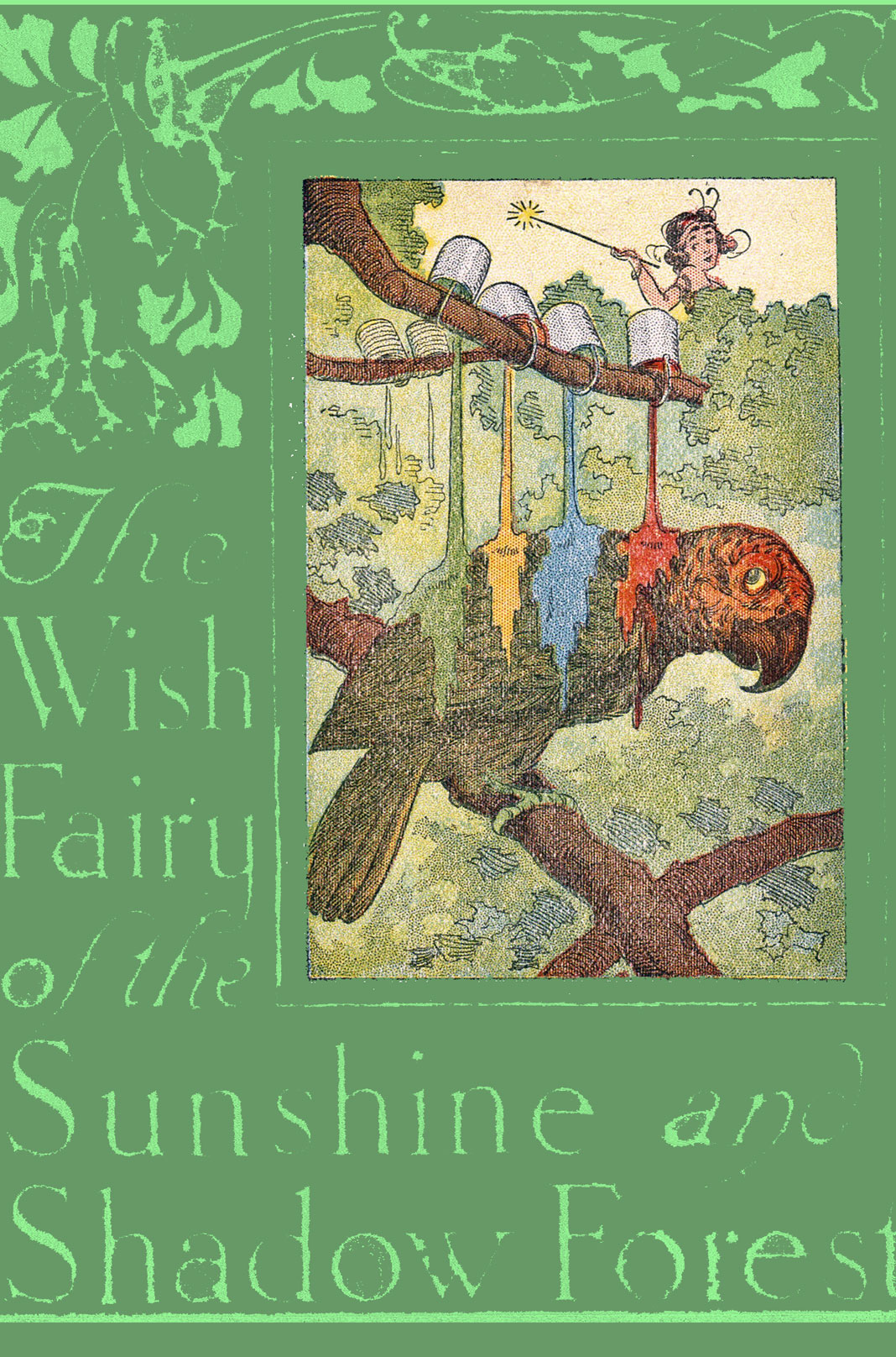 The  Cover of the Book, which is Dark Green with lighter green letters and trailing vines and leaves,  with a picture of a parrot getting paint poured on its back, off center to the right. 