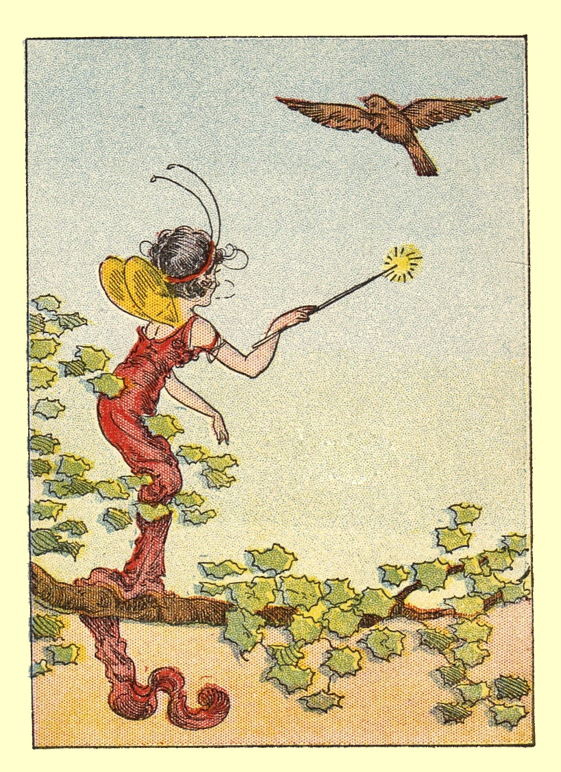 The Wish Fairy in her red gown is standing on a branch, waving her wand.  There is a small brown bird flying upwards in the blue sky beyond her.