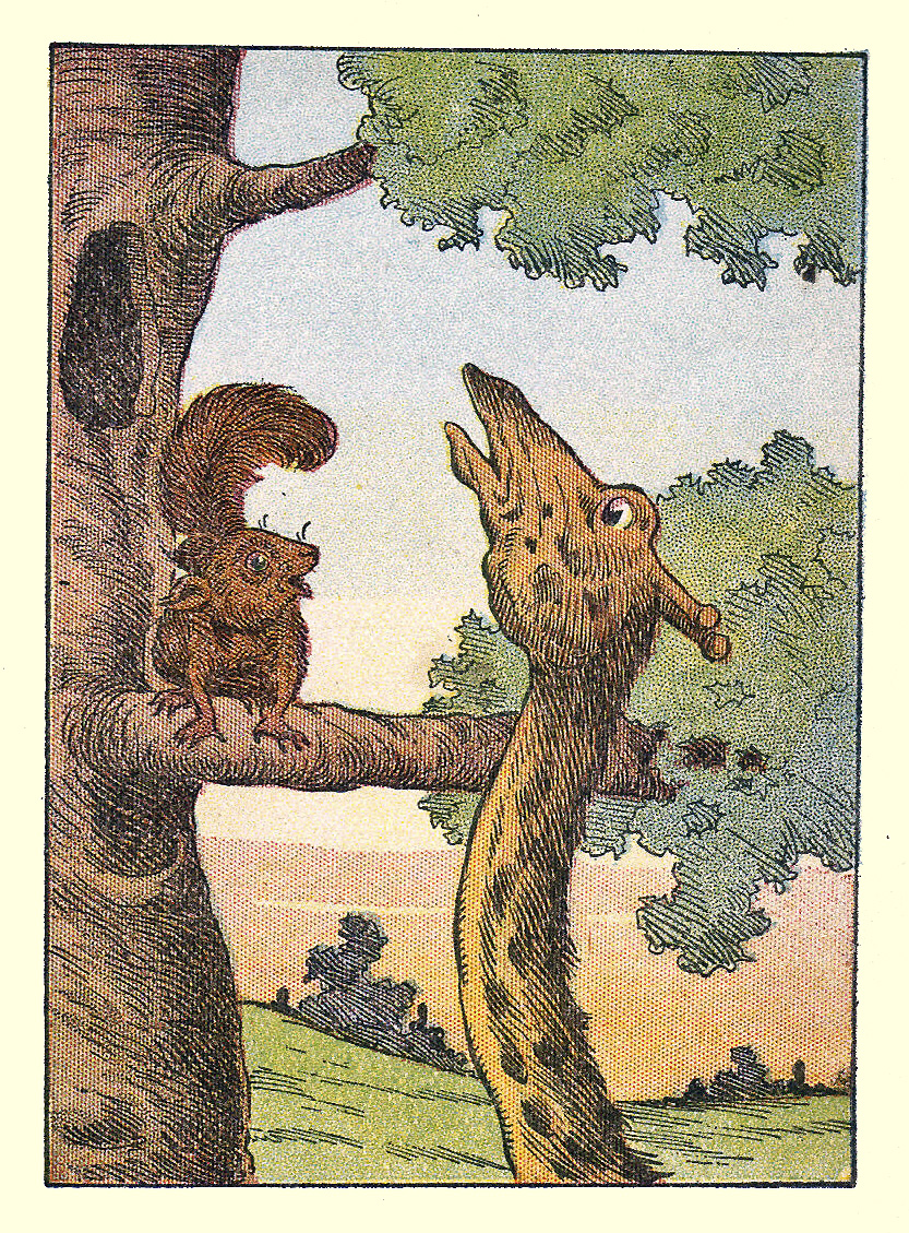 A Giraffe with his long neck is seen peering in a hole in a tree, with a squirrel on the branch in front of it, looking at him. 
