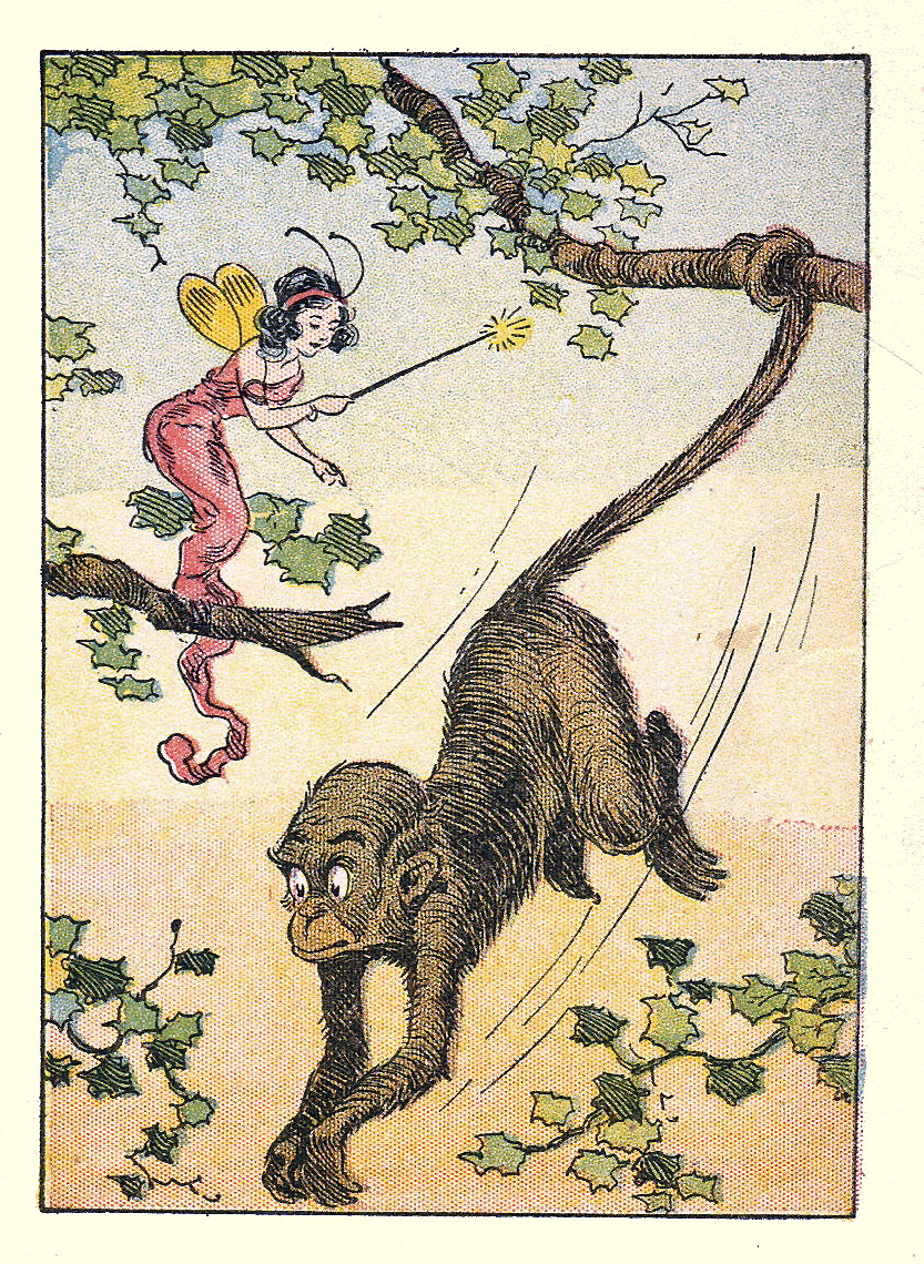 A Monkey swinging by his tail, curled around a branch, with the Wish Fairy Waving Her Wand over him from a branch above him. 