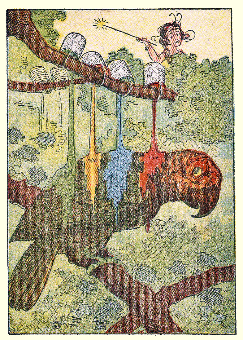 A Parrot on a Branch looking up at cans of paint hanging on a branch above him spilling their contents on his back.  The Wish Fairy is seen behind the trees waving her magic wan. 