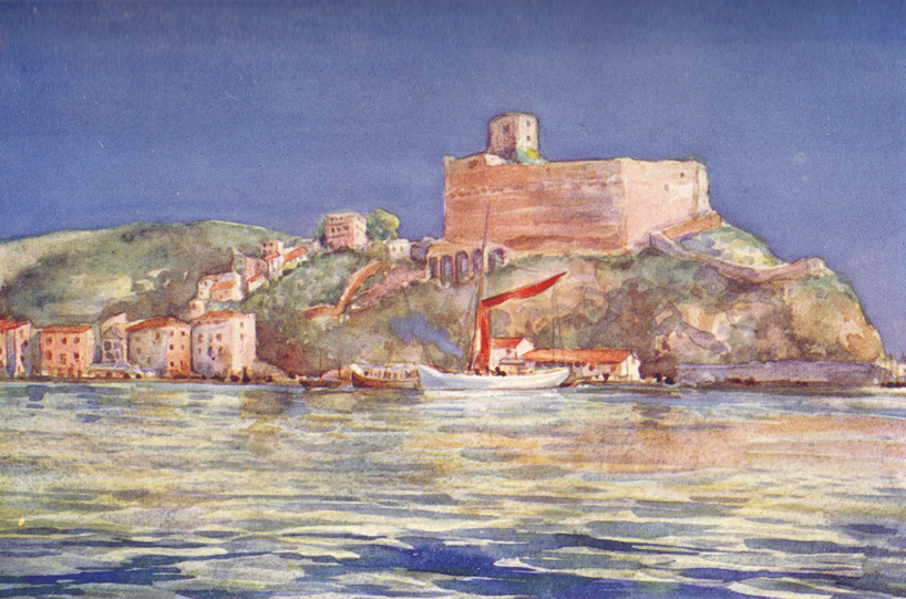 A colored plate of a painting by C. E. Dawson, of the Castle of Lerici, on the shores of the Mediterranean.