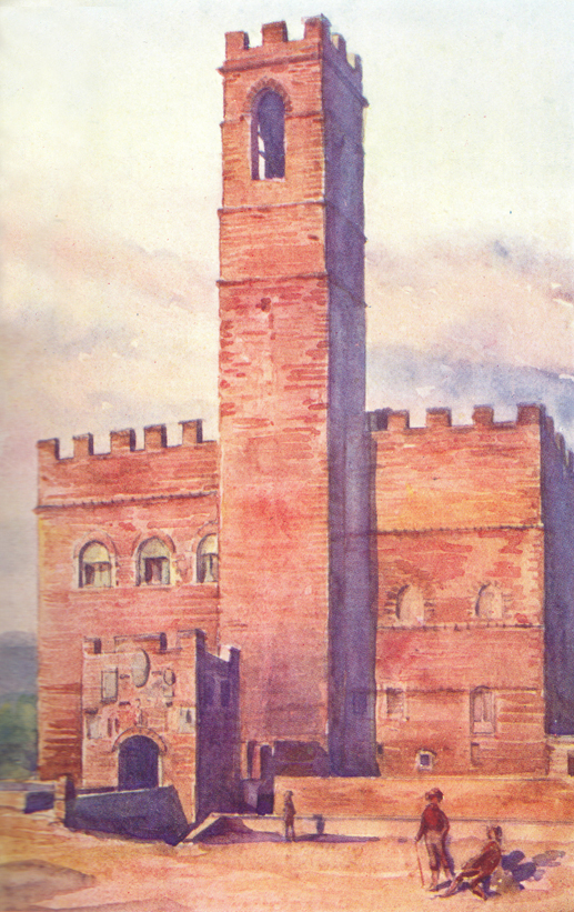 A colored plate of a painting by C. E. Dawson, of the Castle of Poppi, with the tall central tower.