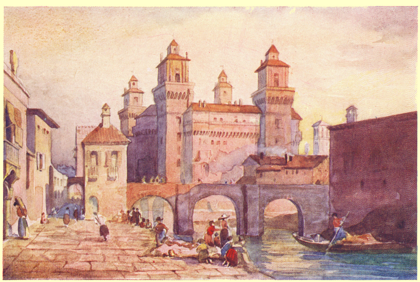 A colored plate of a painting by C. E. Dawson, of the Castle of Ferrara, with other buildings of the city on either side.