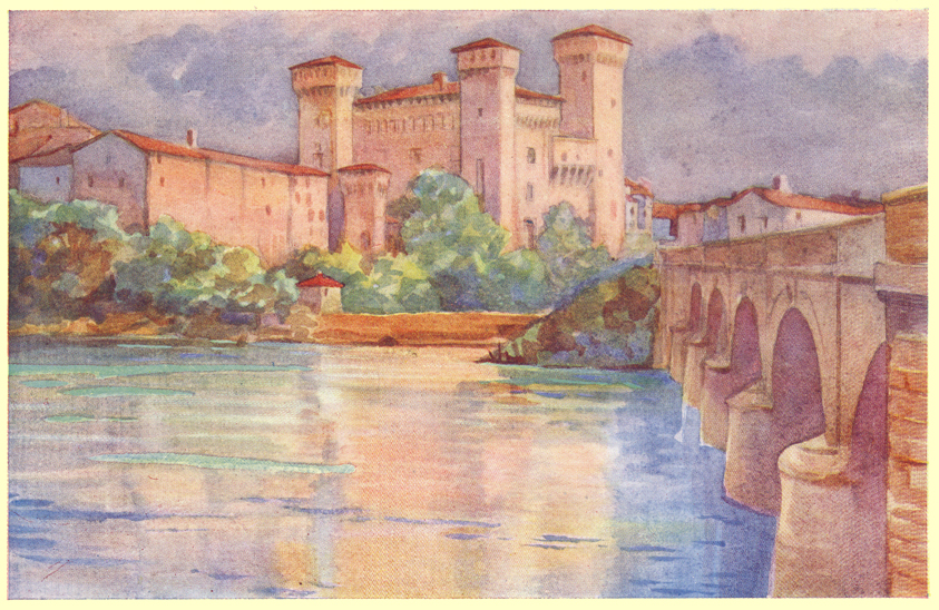 A colored plate of a painting by C. E. Dawson, of the Castle of Vignola, on the Panaro River, in northern Italy.