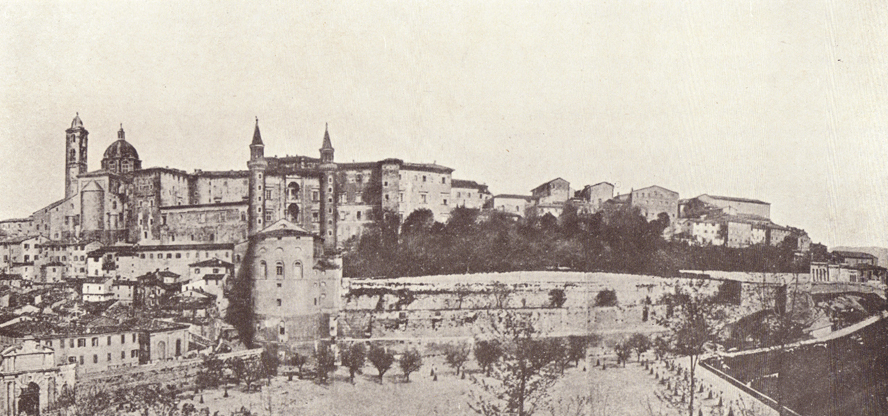 A black and white photograph, of the Castle of Urbino.