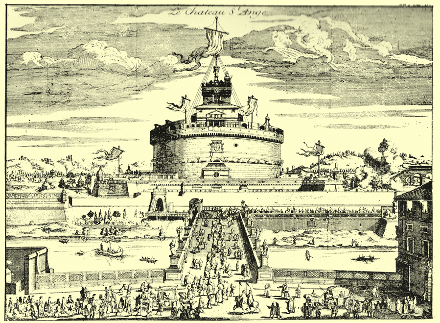 A black and white engraving of the Castle of Sant’ Angelo, in the seventeenth century.