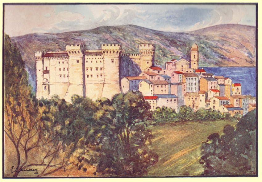 A colored plate of a painting by E. Lander, of the Castle of Bracciano, with mountains behind it, and a city before its walls, descending towards a lake.