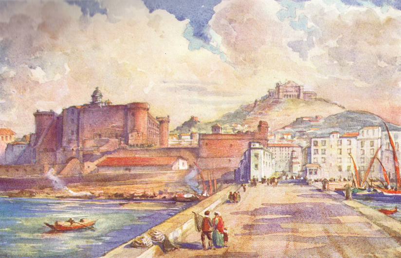 A colored plate of a painting by C. E. Dawson, of the Castle of Sant’ Angelo, at the sie of the river.