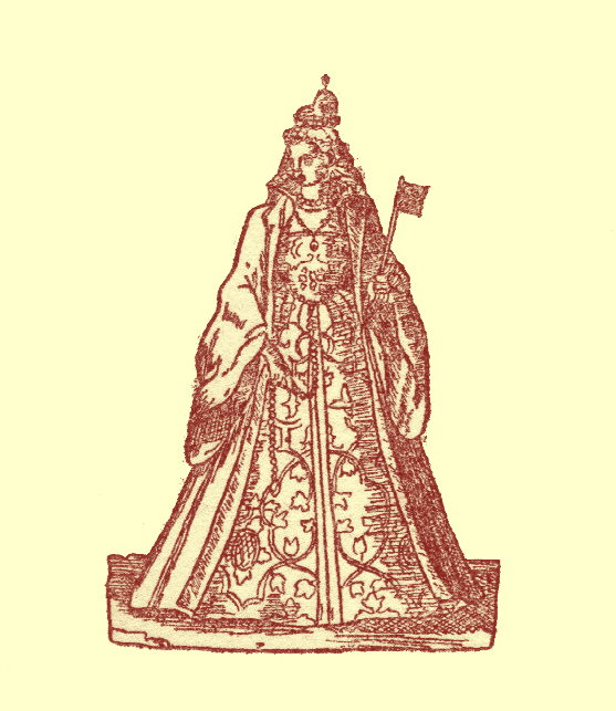 Black and white Engraving of a woman in a long embroidered robe holding a flag.