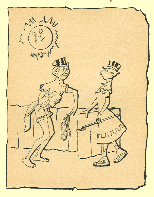 cartoon sketch by T. Gilbert White, of a dishevelled man carrying his sandals, greeting a well-dressed dapper man at a gate, both in togas