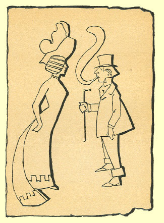 cartoon sketch by T. Gilbert White, of a woman and man in profile, the man is much shorter than the woman and is smoking.