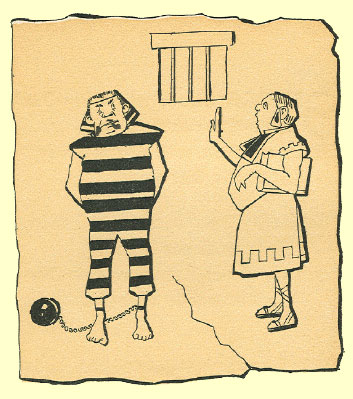 cartoon sketch by T. Gilbert White, of a prisoner with a black and white suit with a ball and chain, and a judge in a toga lecturing him.