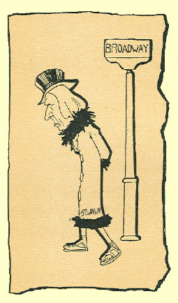 cartoon sketch by T. Gilbert White, of a thin older man, with an overly large head, walking slightly hunched over, in front of a street sign that says 'Broadway.'
