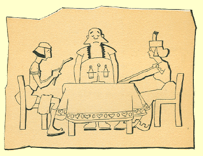 Black and White pen and ink Cartoon by T. Gilbert White, a couple seated a table with a waiter standing between them
