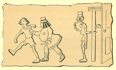 Black and White pen and ink Cartoon by T. Gilbert White, a thin man being hauled off by a very stout policeman, and a man behind him holding his hand out in back, another hand is seen dropping money into it, all in togas