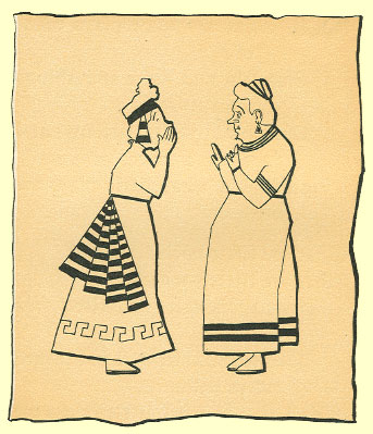 Black and White pen and ink Cartoon by T. Gilbert White, of a woman with her hands to her mouth, talking to another woman.
