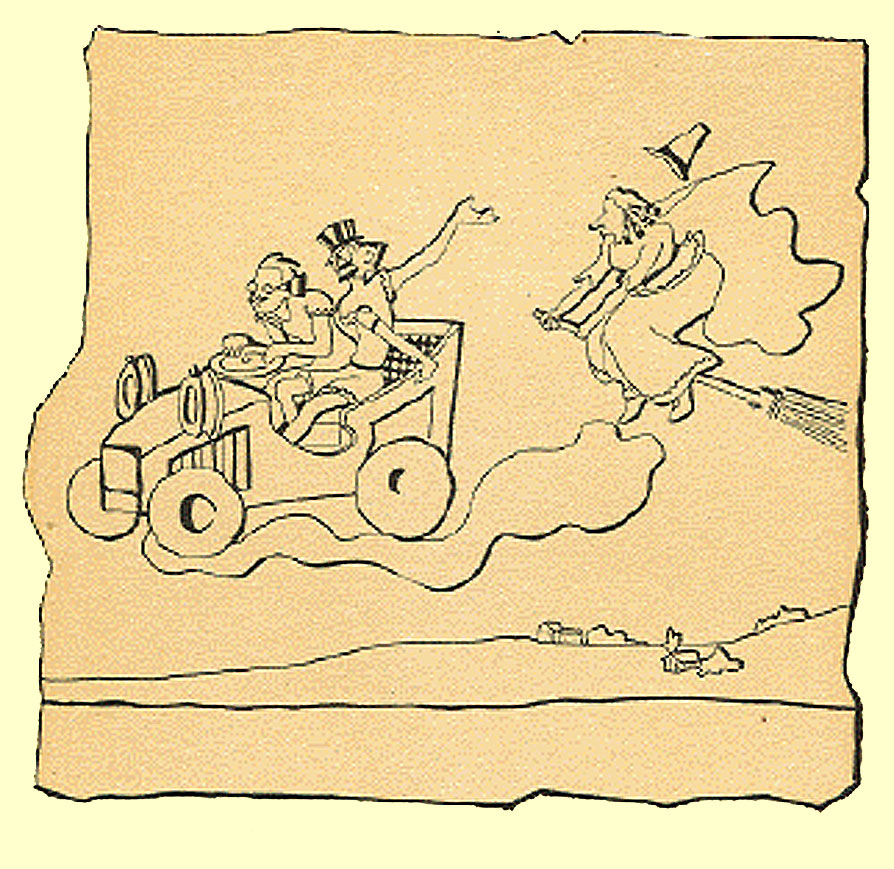 Black and white pen and ink Cartoon by T. Gilbert White, two men in an early 2-seater convertible roadster driving in the sky on a cloud of exhaust, followed by an old woman flying on a broom, with her pointed hat floating off her head behind her  