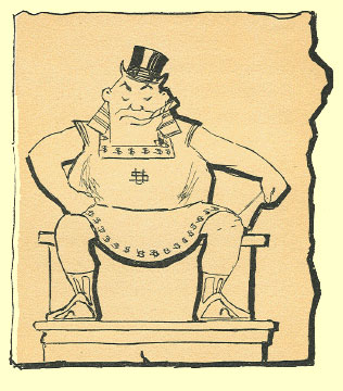 Black and White pen and ink Cartoon by T. Gilbert White, with a stout man seated in a toga, smoking a stogie, bare legs with Roman sandals, with his hand on his hip and wearing a top hat 