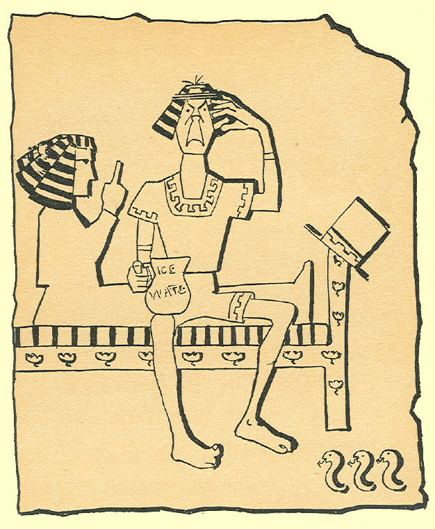 Black and White pen and ink Cartoon by T. Gilbert White, a lady half-reclining on a cot with a narrow striped mattress, with Egyptian striped head piece pointing her finger at a man sitting on the edge of the bed frowning and holding a jar saying ice water on his knee, his other hand touching his head, he too has a striped Egyptian style head piece, three s-shaped tiny asps are slithering balanced on their tails on the right