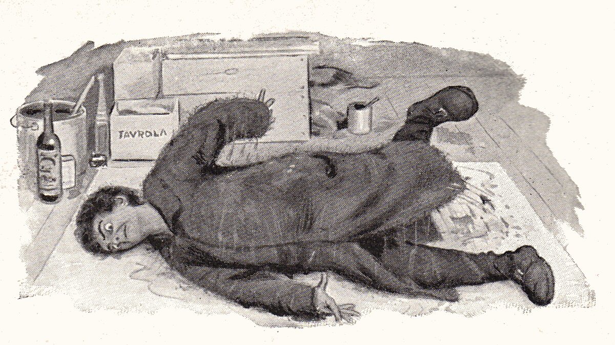 Black and white drawing of a wild-eyed man lying sideways on a canvas in an overcoat and wiggling his arms and legs with vigor.