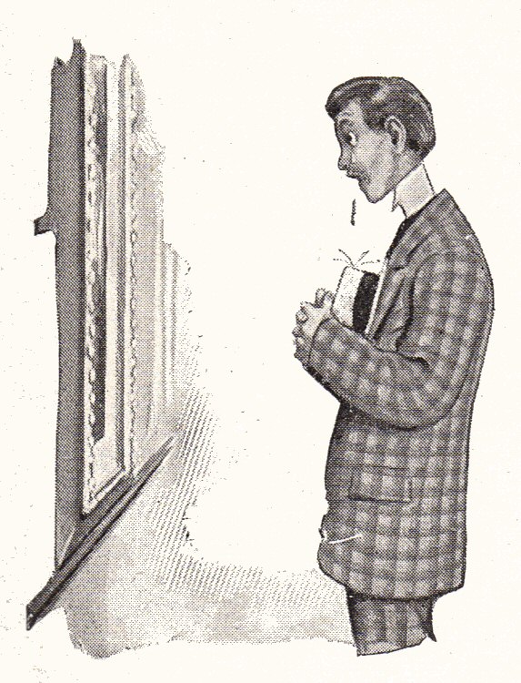 Black and white drawing of a man in a plaid jacket with his jaw dropping open and eyes bulging in amazement while looking at a picture in a gallery.