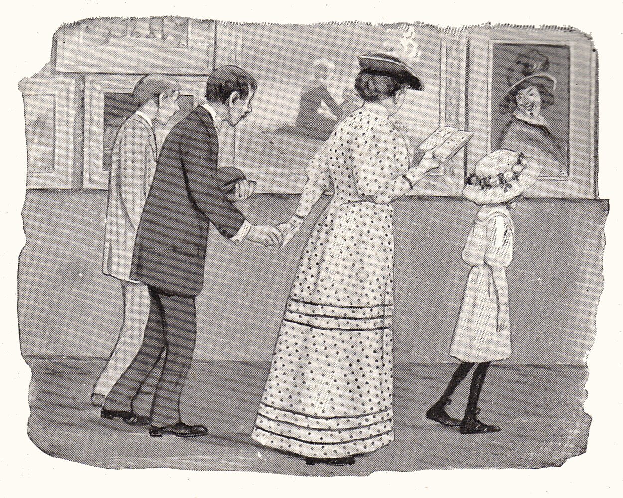 Black and white drawing, by James M. Preston, 
 of a family, a couple and their 2 children in Edwardian dress, walking through an art gallery.