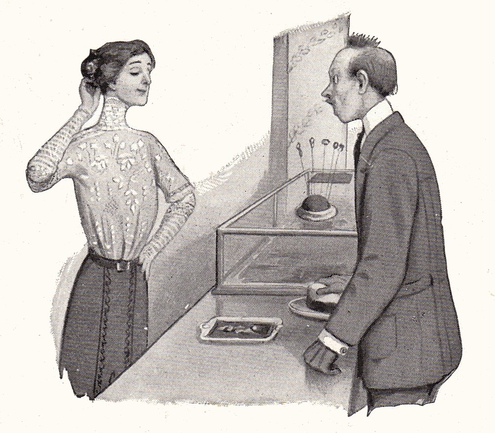 Black and white drawing of a thin woman smirking as she touches her hair.  she is behind a couter, and a man is looking at her from the other side.