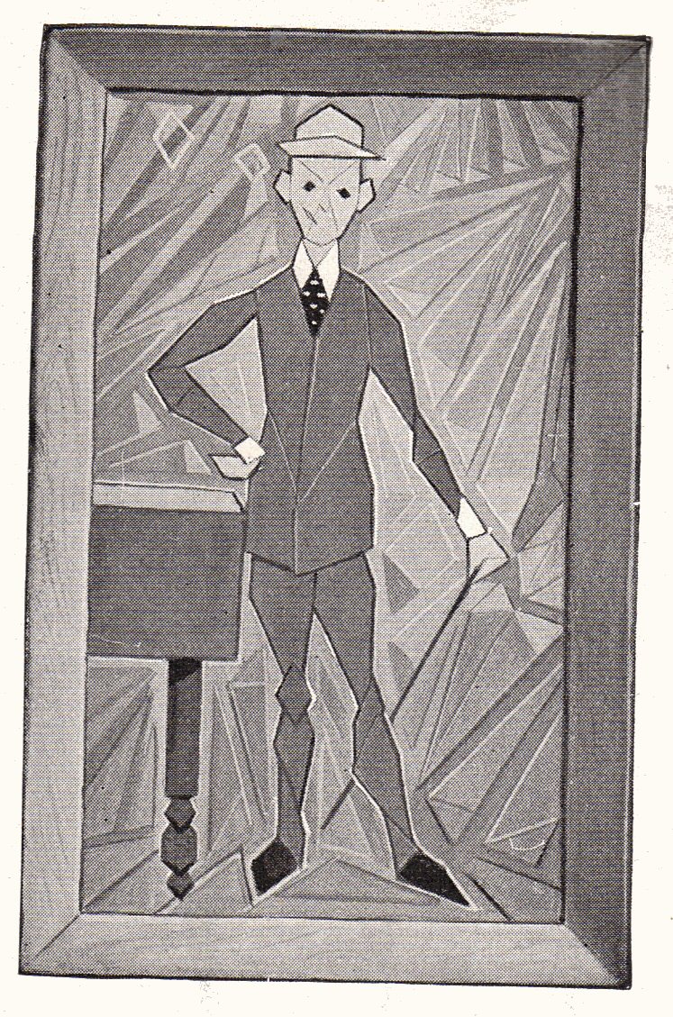 Black and white drawing of a painting of a man who is constructed of rectangles in varying shapes and sizes.  The picture is hanging crookedly, too.